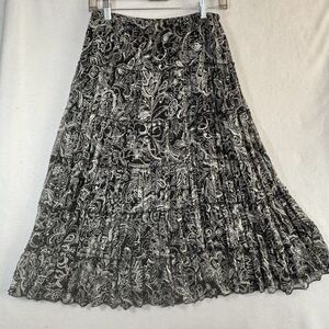 Petite 6 Pleated Tiered Maxi Skirt Lined Prairie Petticoat Black & White Paisley